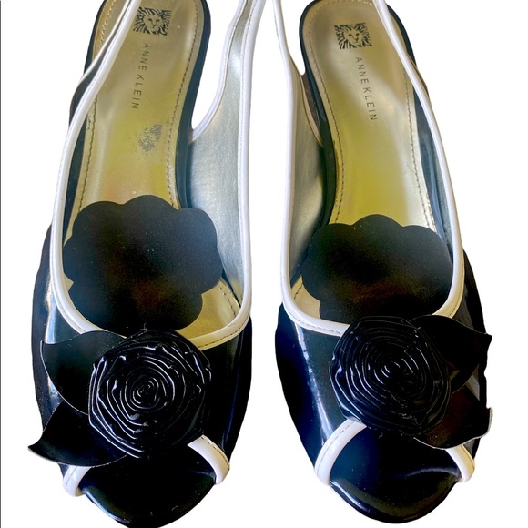 Anne Klein Shoes - Anne Klein Black Ivory Open Peak Toe High Heels Flower Sling Back Size 10M
